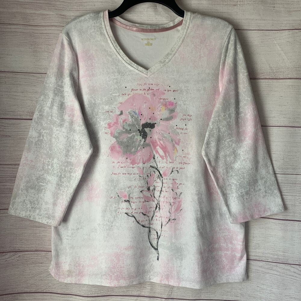 Allison Daley Floral Top Rhineston Embellished V-Neck Top 3/4 Sleeve Size 2X